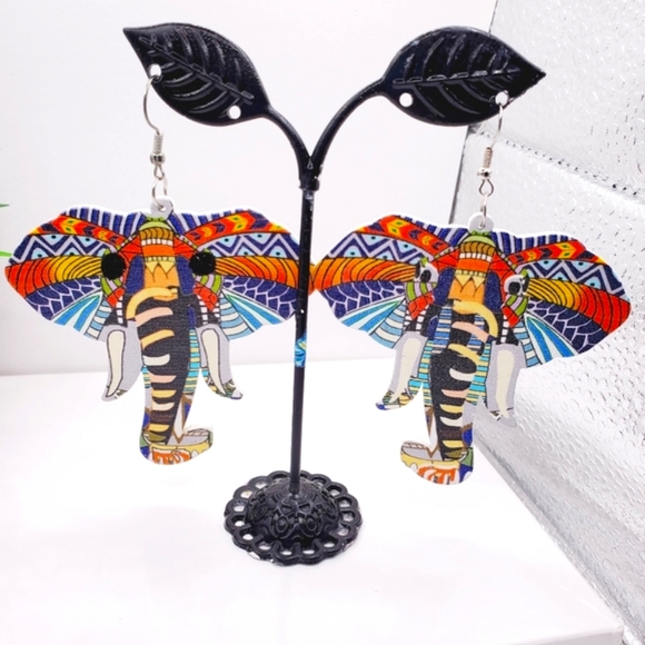 Elephant earrings, wooden elephant earrings, dangle earrings. 2.5 Inches - Picture 8 of 10